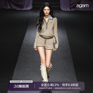 AGAM 撞色金扣飘带翻领polo绑带毛衣 桃心短裤套装