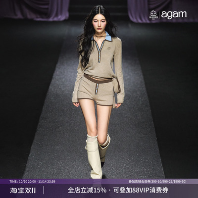 AGAM 撞色金扣飘带翻领polo绑带毛衣 桃心短裤套装