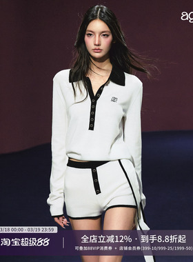 AGAM 中古风黑白撞色飘带polo绑带毛衣 桃心短裤套装