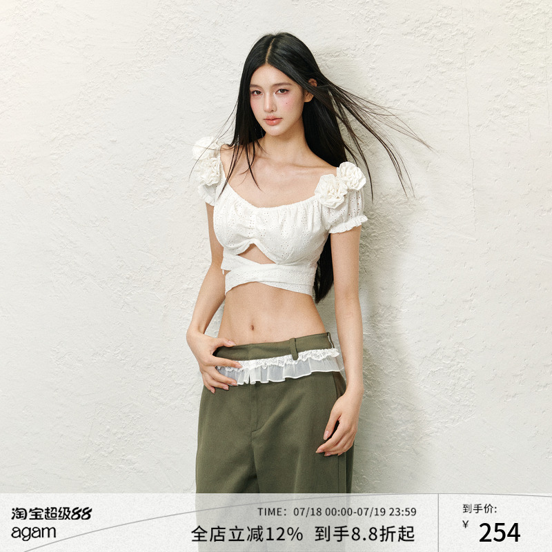 AGAM立体花朵镂空泡泡袖短袖