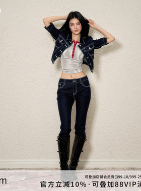 AGAM 原创撞色明线中袖短款牛仔夹克外套 百搭修身牛仔长裤套装