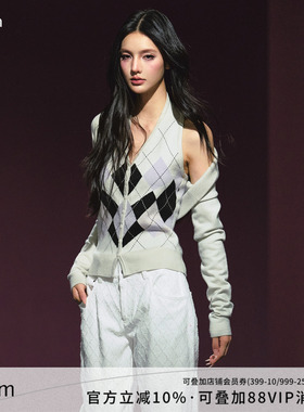 AGAM 原创撞色菱格挂脖收腰吊带上衣 披肩针织小开衫套装
