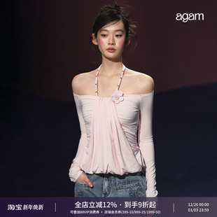 T恤 抽褶花朵一字肩长袖 AGAM 莱塞尔假两件挂脖上衣