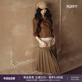 皮夹克外套套装 AGAM Miu系垂感缎面菱形皮革百褶A字裙＋七分袖