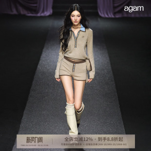 套装 桃心短裤 撞色金扣飘带翻领polo绑带毛衣 AGAM