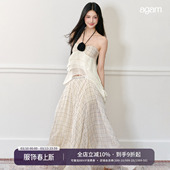 优雅灵动格纹捏褶长裙不规则套装 AGAM 夏日度假玫瑰挂脖吊带抹胸