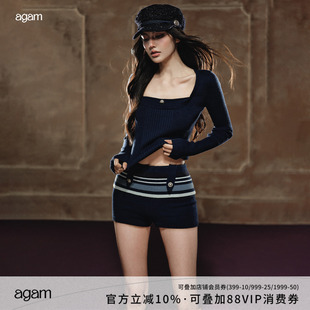 AGAM 层次感假两件修身弹力毛衣打底条纹嵌色设计包臀短裤套装