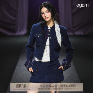 套装 宽腰带A字裙裤 两件套 小香风明线菱格纹羊毛夹克外套 AGAM