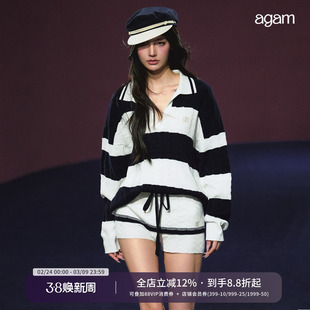 AGAM 海军蓝航海系松弛条纹Polo毛衣 假两件裙裤套装