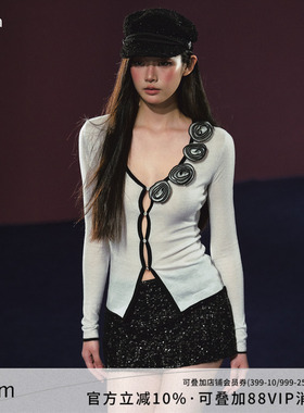 AGAM 立体玫瑰小香风撞色V领针织细闪半透上衣开衫