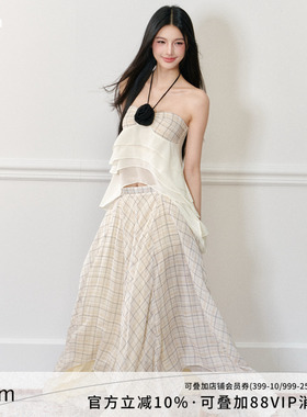 AGAM 夏日度假玫瑰挂脖吊带抹胸 优雅灵动格纹捏褶长裙不规则套装