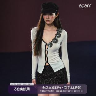 AGAM 立体玫瑰小香风撞色V领针织细闪半透上衣开衫