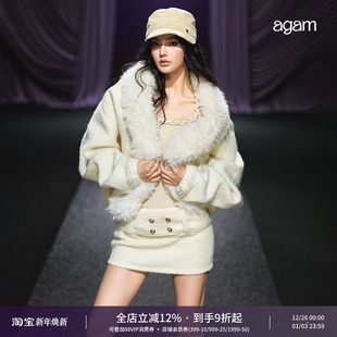 防走光A字裙毛呢短裙辣妹包臀裙 新款 AGAM 50羊毛宽腰带半身裙冬季