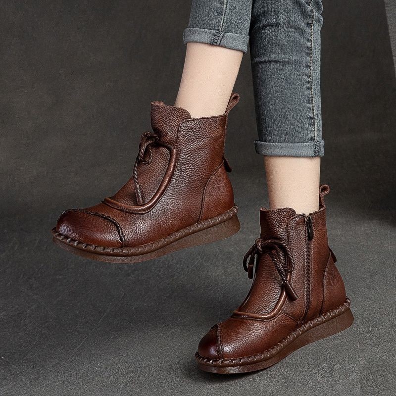 大东她真皮复古平底短靴女2025