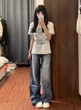 韩系白灰色哈喽kitty印花纯棉正肩短袖T恤夏季2025新款甜美学院风