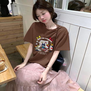 棕色纯棉短袖 可爱卡通上衣上衣HELLOKITTY凯蒂 T恤女2025新款 夏季