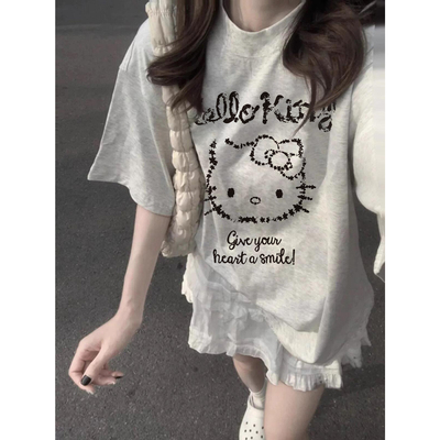 卡通kitty白灰色甜美短袖t恤女夏