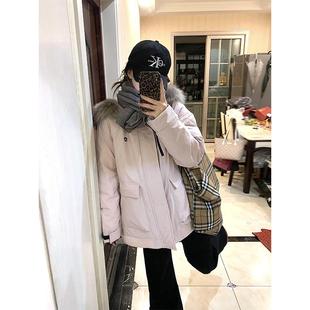 派克棉服 加厚夹棉宽松工装 粉色毛领连帽棉衣外套女冬季 2024年新款
