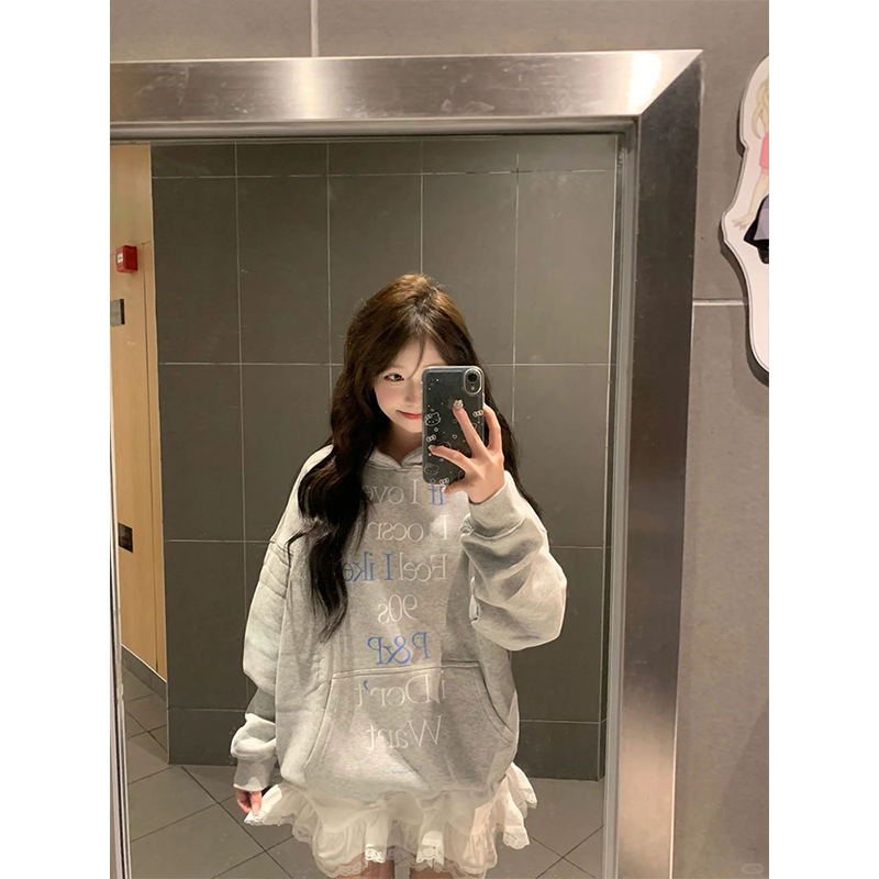 设计感字母灰色连帽卫衣美式潮牌