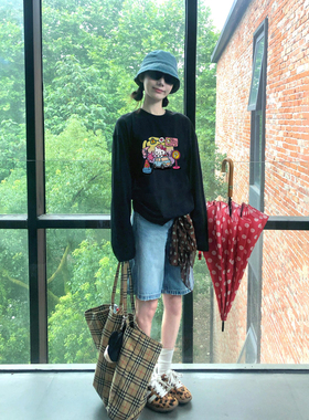 美式复古kitty黑色长袖t恤女纯棉2025新款秋宽松慵懒风打底衫上衣