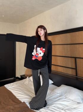 韩系慵懒风搞怪kitty凯蒂猫黑色纯棉长袖T恤女秋2025新款宽松休闲