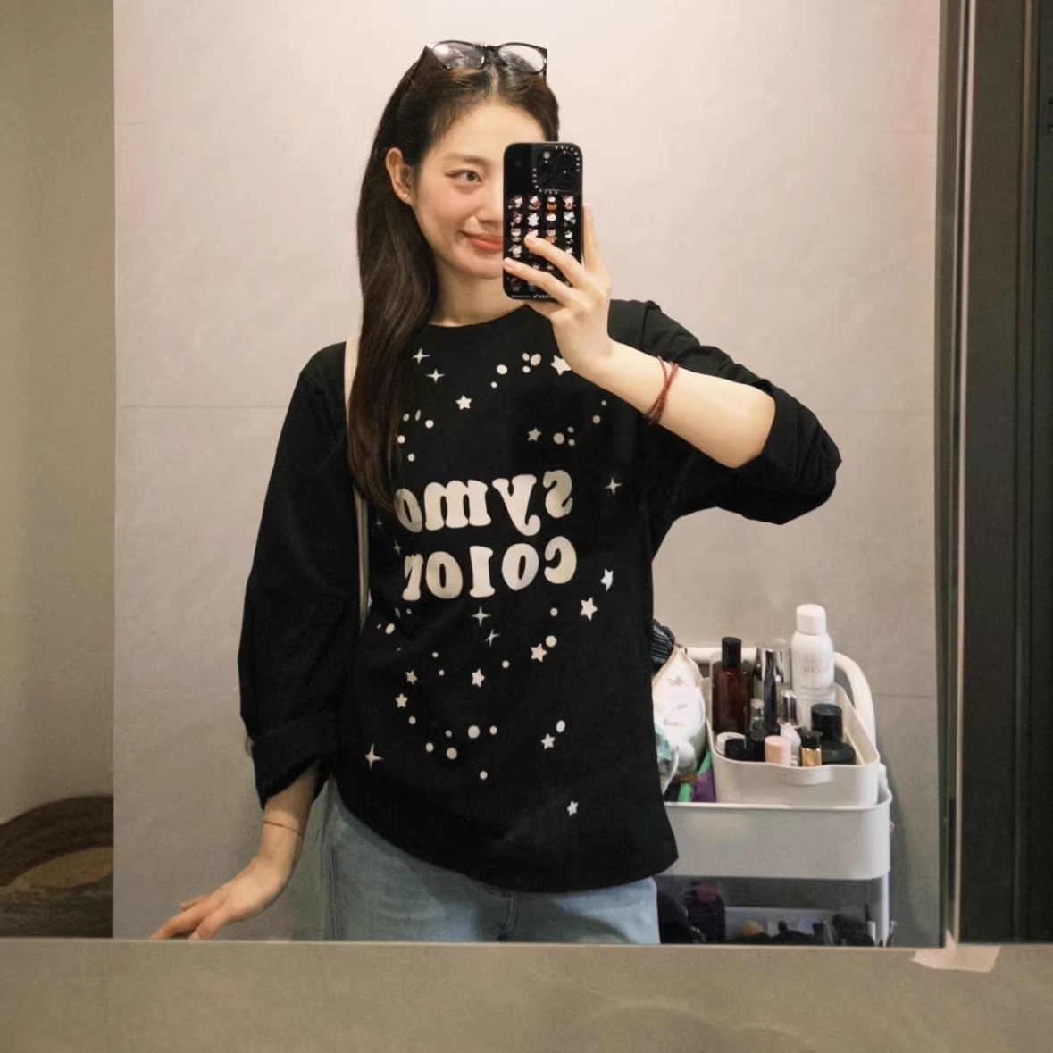 美式复古黑色小众设计波点星星字母印花纯棉长袖t恤女新款春秋季