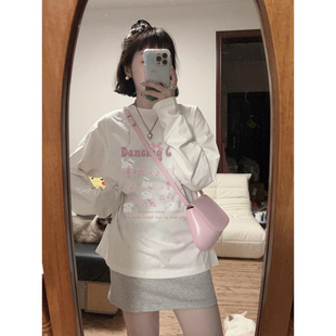 原创韩系音符小猫长袖t恤女秋季小众设计感圆领纯棉宽松百搭上衣