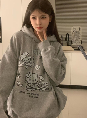 2025秋冬kitty印花连帽卫衣加绒加厚深灰色简约甜酷风格叠穿上衣
