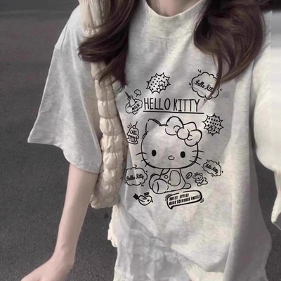 白灰色纯棉T恤短袖女2025kitty猫