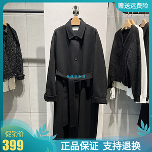 商场同款MM2023冬新款黑色羊毛双面呢H型长款外套大衣5EA170081