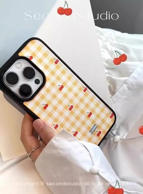 黄色格纹樱桃适用苹果16promax苹果手机壳iPhone15pro菲林14亚克力黑边小米1415Pro华为mate60p70三星S23防摔