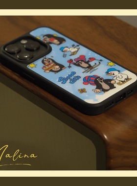 蓝色冬日滑雪鼹鼠黑边磨砂手机壳适用苹果iPhone17promax手机壳15pro黑框玻璃手机壳16pro全包13手机壳14