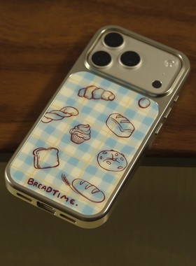 韩系ins小众蓝色面包插画银边手机壳适用苹果iPhone17promax高级感保护套16plus亮面15pro14防摔简约13气质12