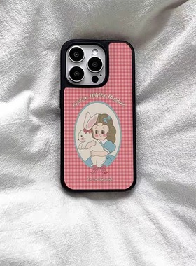 复古红色格子兔子适用苹果16promax手机壳iPhone15pro玻璃壳14亚克力13简约12黑色软边创意个性小众时尚