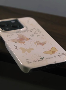 原创简约淡黄色梦幻蝴蝶苹果手机壳菲林壳适用iPhone15pro/14promax/13/14plus手机壳苹果12mini硬XS/8保护套