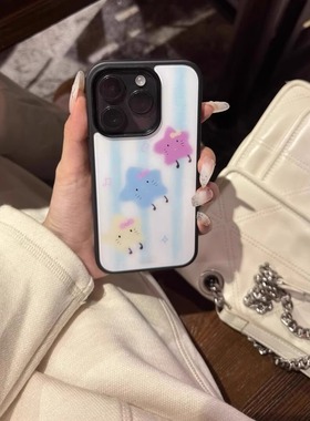 蓝色条纹可爱星星适用苹果16promax苹果手机壳iPhone15pro菲林亚克力黑边小米15Pro华为mate60p70三星S23防摔