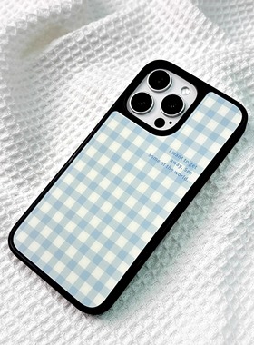 简约ins蓝色格子适用苹果16promax手机壳iPhone15pro玻璃壳14亚克力13简约12黑色软边创意个性小众时尚
