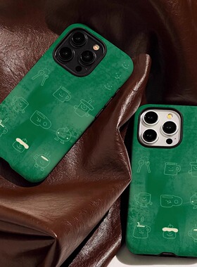 绿色线条杯子韩国菲林壳二合一适用苹果16promax手机壳iPhone15新款14pro磨砂高级13防摔12日韩11创意保护壳