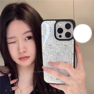 奶蓝色爱心碎花西高地适用苹果16promax苹果手机壳iPhone15pro亚克力黑边小米15Pro华为mate60p70三星S23防摔