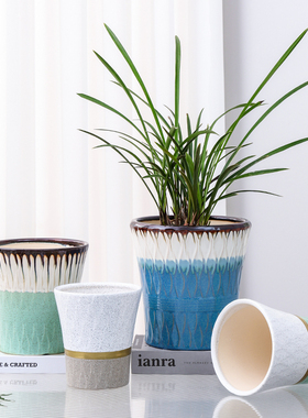 陶瓷花盆经典瘦腰款流釉家用百搭桌面花器三角梅虎皮兰流泉枫盆栽