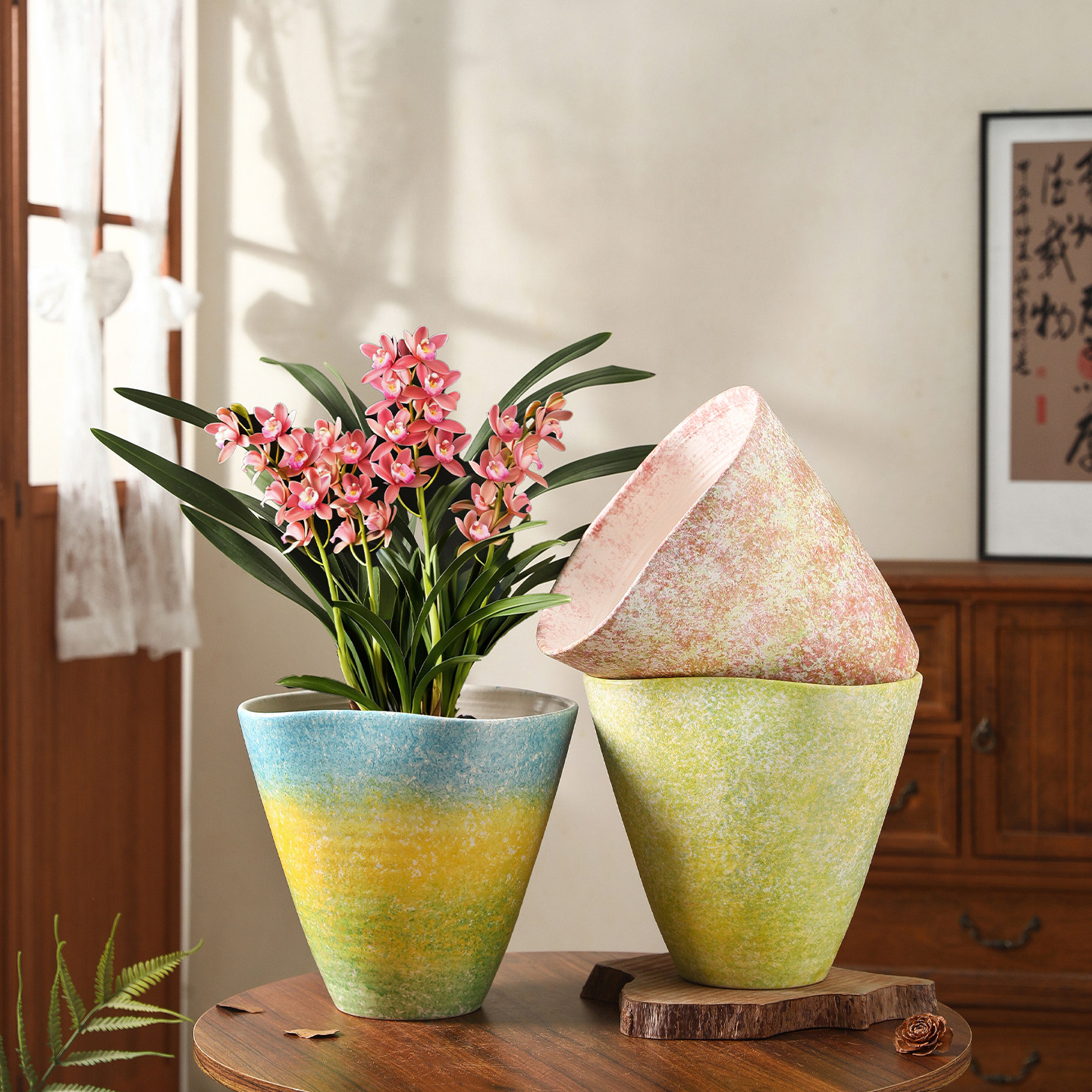 彩色渐变陶瓷花盆轻奢简约高级感家用客厅兰花蝴蝶兰专用花器摆件