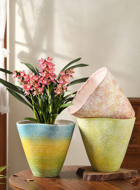 彩色渐变陶瓷花盆轻奢简约高级感家用客厅兰花蝴蝶兰专用花器摆件