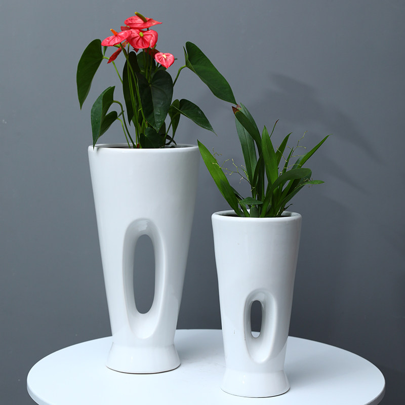 外贸纯白特d大号简约花盆高筒室内绿植盆栽金钱树虎皮兰白色花盆