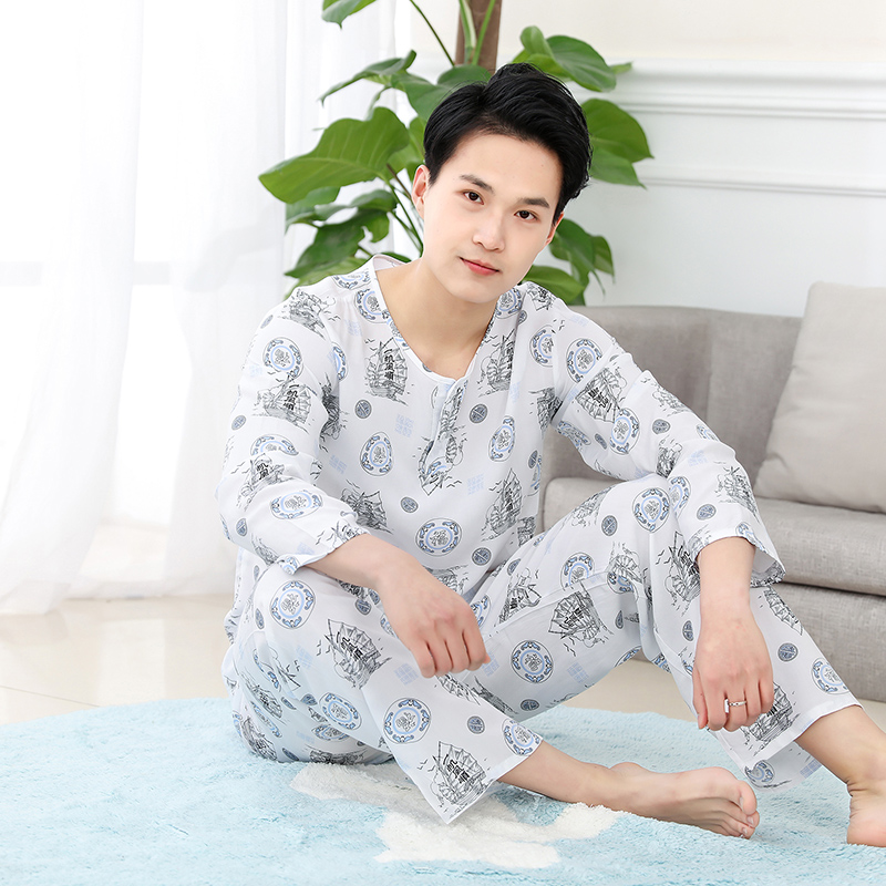 3夏季男士棉绸睡衣夏天青少年长袖人造棉薄款绵绸空调服套装家居服