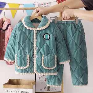 冬季女童珊瑚绒睡衣儿童三层加厚款男童法兰绒宝宝夹棉家居服套装