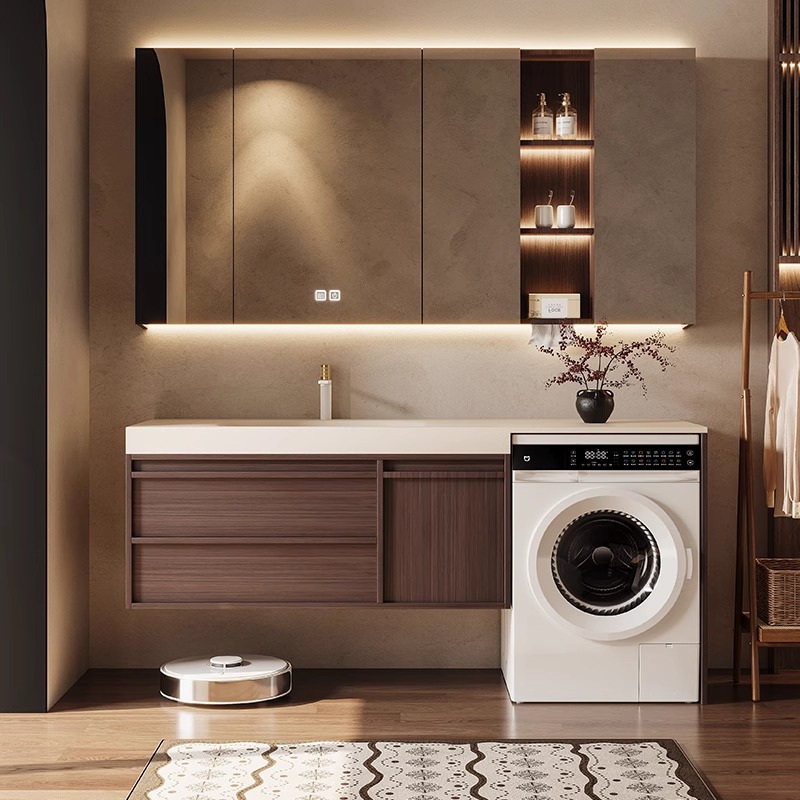 中古风岩板热弯一体盆洗衣机柜