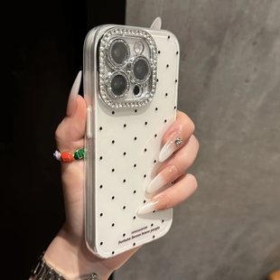 白色波点镜头闪钻适用iphone16苹果15promax手机壳新款17网红爆款高级感14小众不撞款13防摔12套11全包外壳