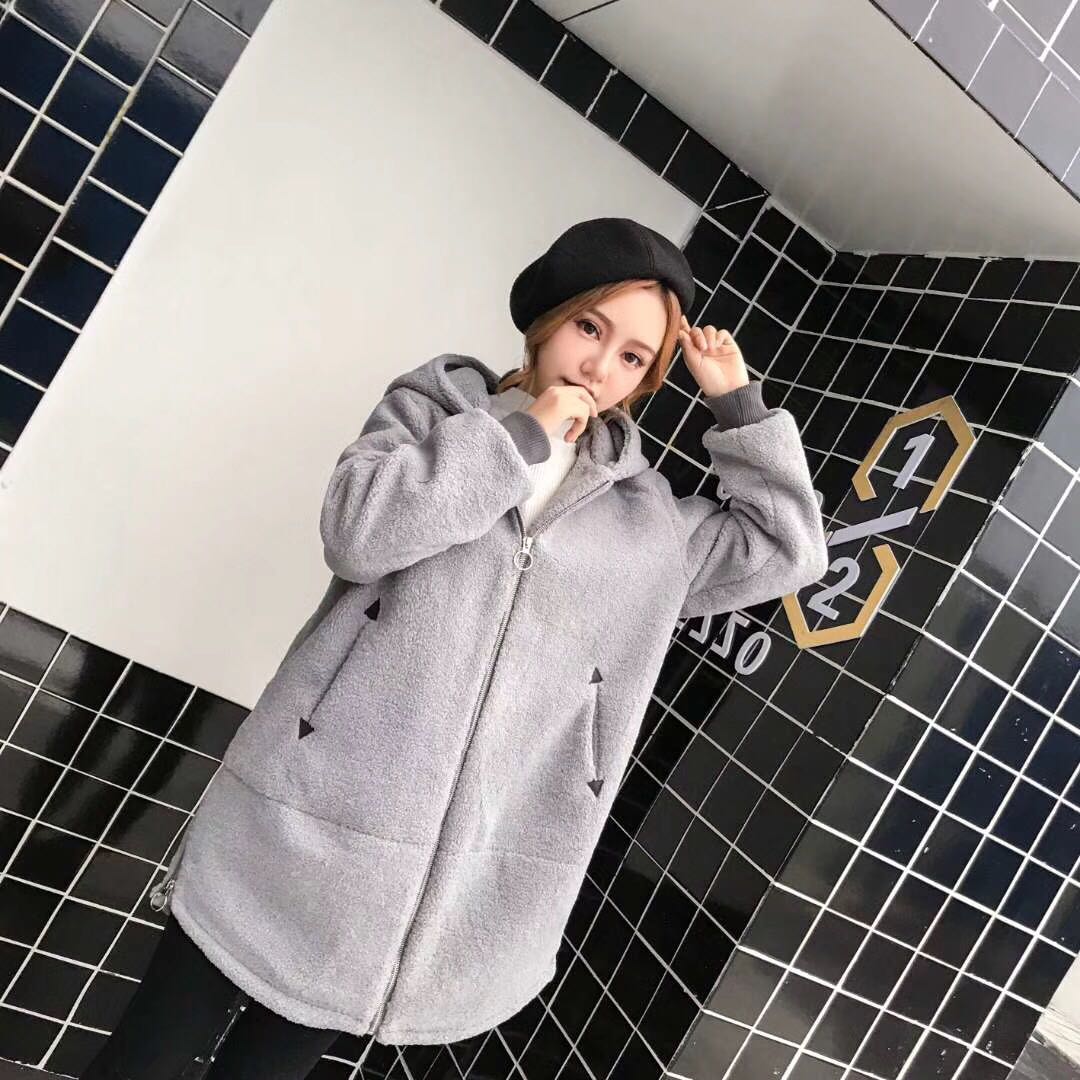 羊羔毛中长款洋气休闲连帽外套