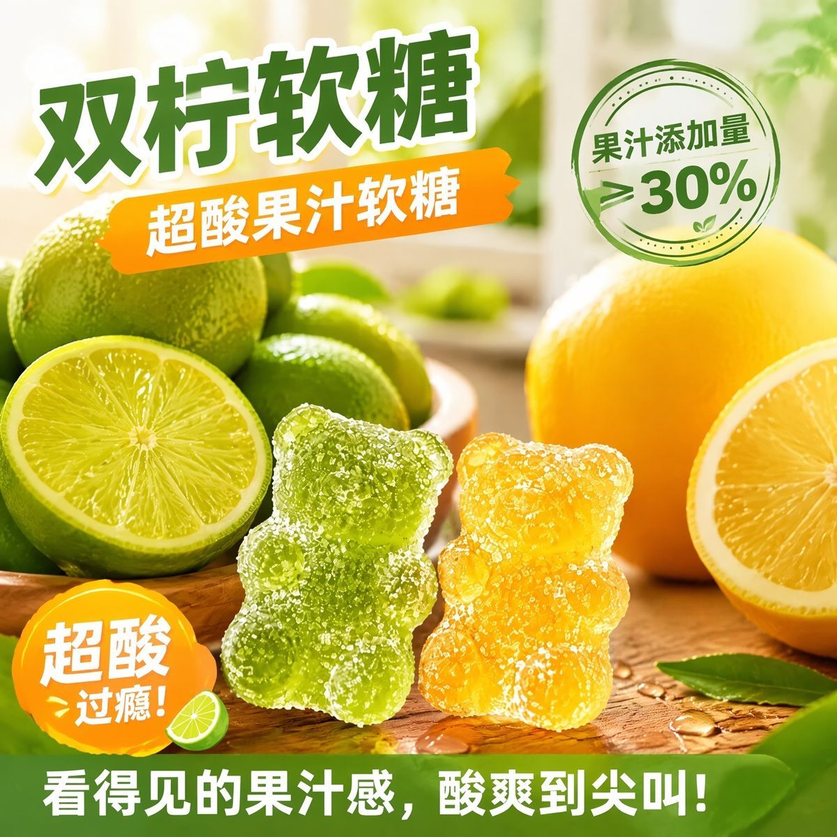 超高酸双柠口味软糖酸甜软糖儿童糖果网红零食办公室休闲奖励学生