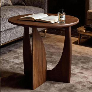 曲美家居中古诧寂风茶几实木边几设计师黑色小圆桌简约小弧影圆几